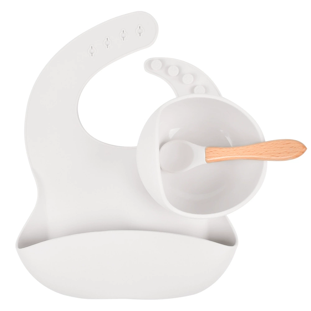 Silicone children's tableware set — bib, bowl and spoon with suction base, multi-color