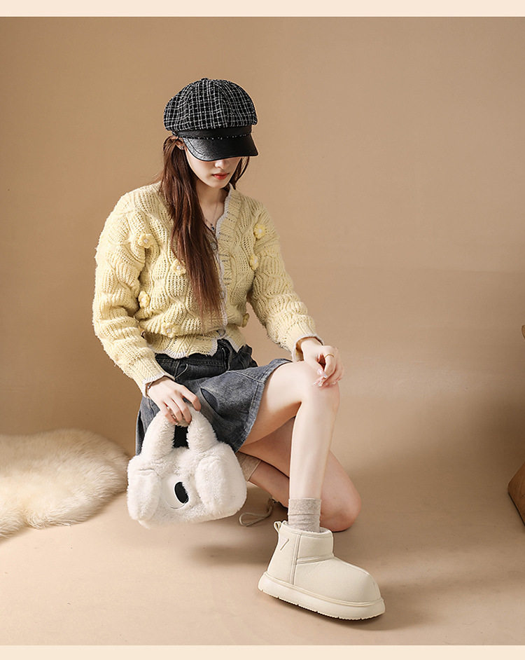 Bốt đi tuyết nữ da lì lót lông giữ ấm, đế cao 3-5 cm — màu đen chi tiết 4
