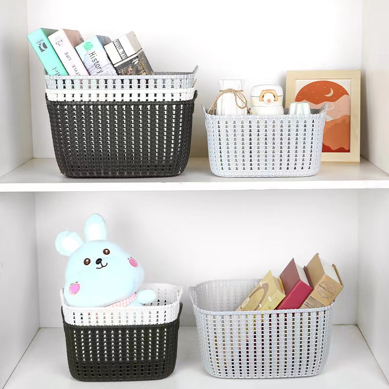 Handheld Storage Basket Cosmetic Collection Woven Plastic Desk Snack Miscellaneous Storage Basket Bathroom Supplies Organization