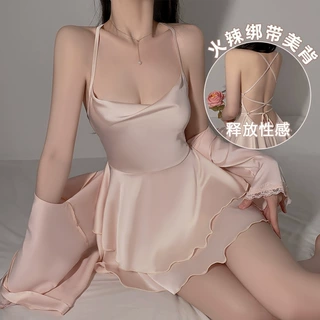 瑰若品牌内衣舒适丝滑缎面性感荡领女吊带睡裙外袍家居服套装4431
