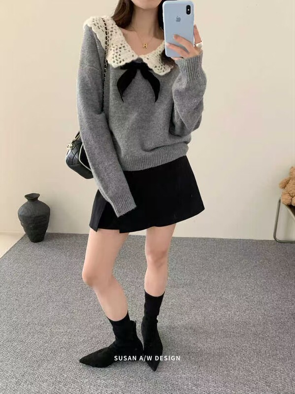 苏珊 2025甜美设计感穿搭娃娃领毛衣女秋冬温柔减龄慵懒风上衣808|undefined