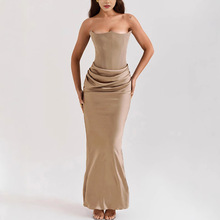 2025新款现货欧美新款修身气质性感缎面礼服抹胸压褶拼接连衣裙女