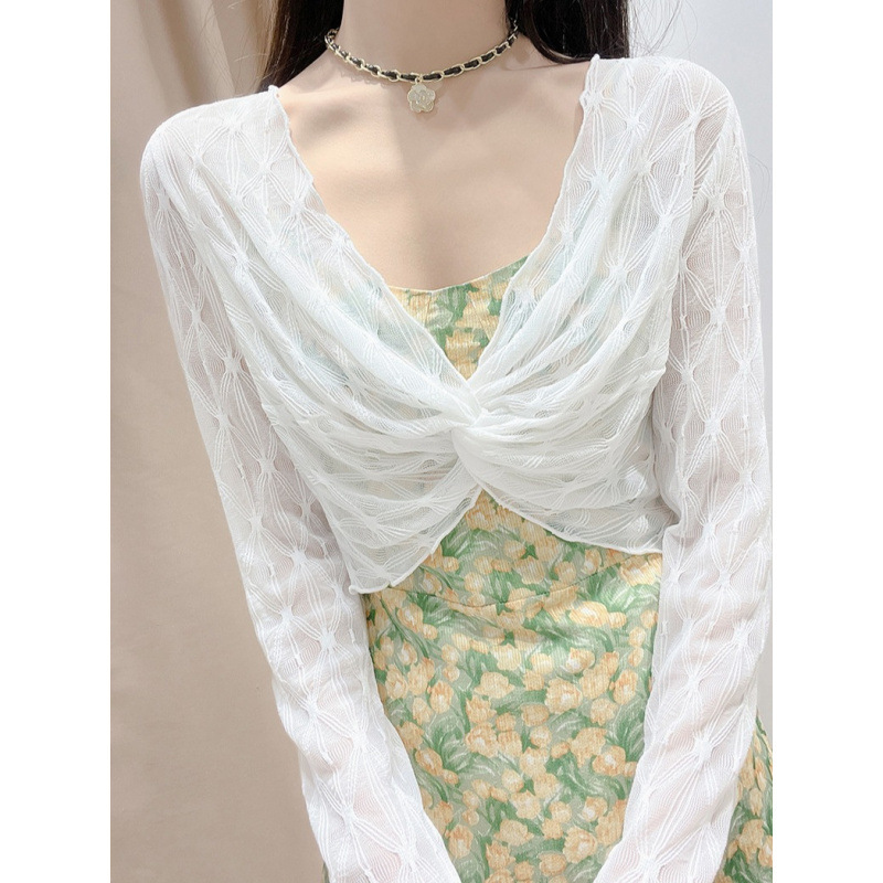 Summer V-neck Lace Shawl New Women's Short Mesh Sunscreen Slip Skirt Outer Long Sleeve Thin Pullover Blouse