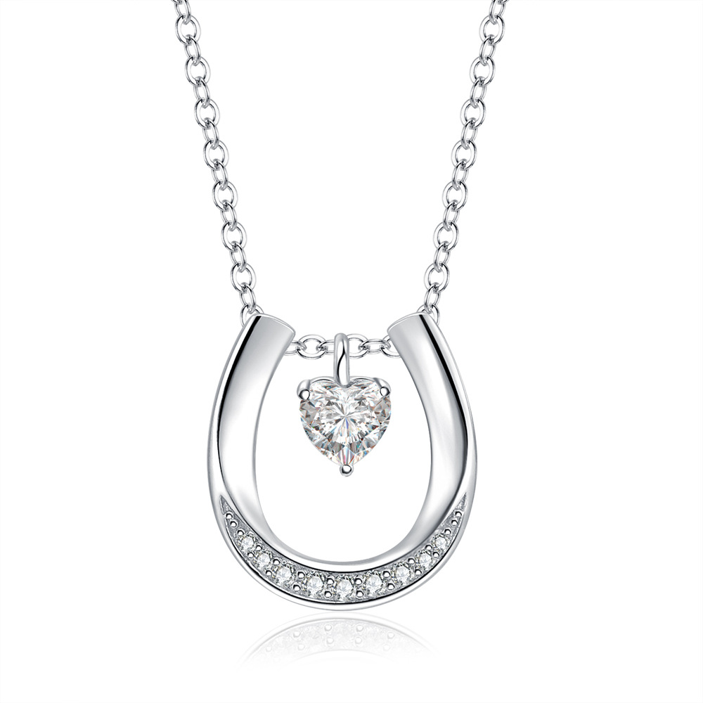 Unique Design Horseshoe Necklace With Diamond-encrusted Heart And Human Horse Pendant, Symbolizing Luck, Silver_voghion.com