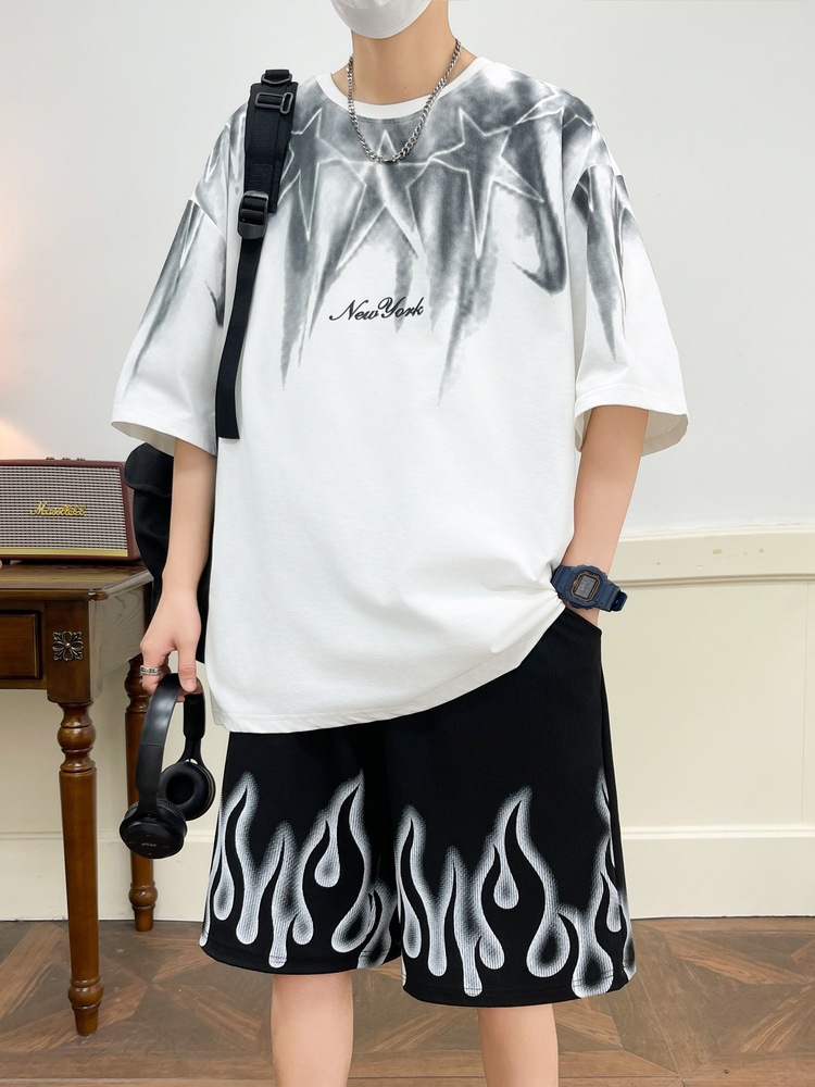 Verano hombre cuello redondo juego deportivo mangas cortas pantalones cortos casuales dos piezas juego camiseta de moda juvenil versátil