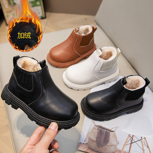 Winter fleece-lined Children's Fashion British Ankle Boots Boys Side Zipper Fashion Martins Boots Girls Soft Bottom Fashion Boots