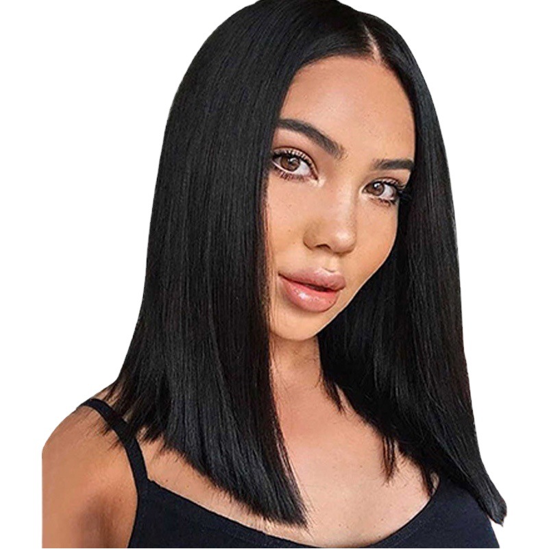 AliExpress European and American Mechanism Chemical Fiber Medium Long Straight Hair Wig Headgear Female Natural Black Medium Long Straight Hair