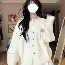 小个子韩系慵懒风纽扣开衫圆领上衣女宽松毛衣外套秋冬显瘦针织衫