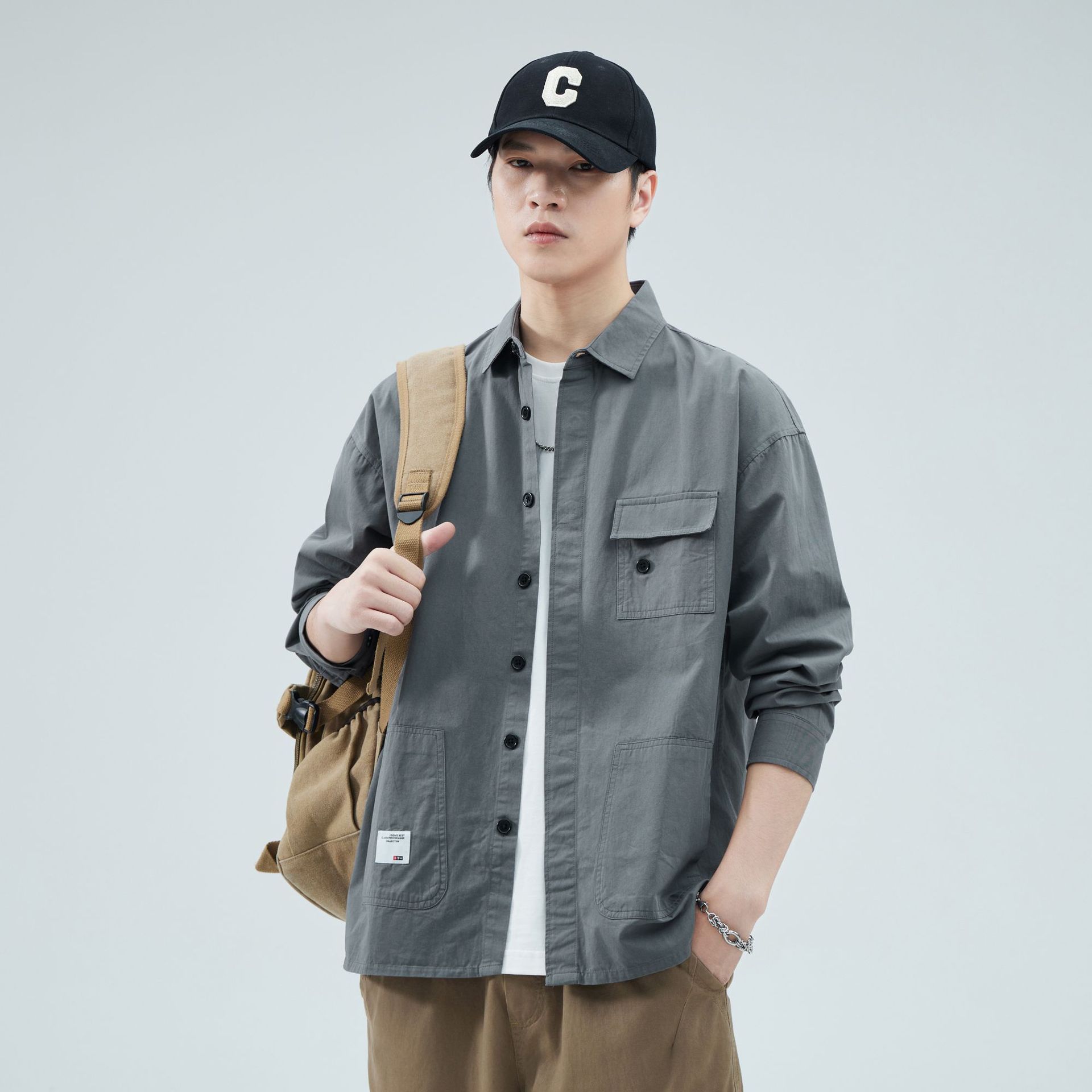 Camisas personalizadas de primavera y verano masculinas, ropa suelta, algodón coreano casual simple, bolsillo único, fresco, japonés