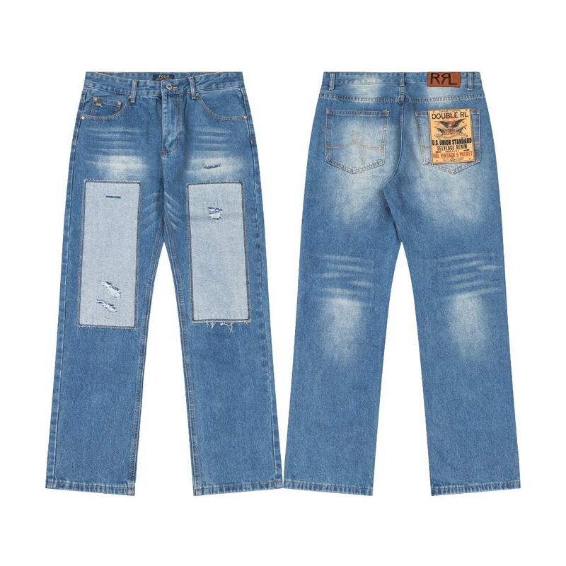 Cross-border in-stock RL Ralph Lauren vintage five-pocket cotton trim patchwork couple's casual straight-leg jeans Cross-border in-stock RL Ralph Lauren vintage five-pocket cotton trim patchwork couple's casual straight-leg jeans
