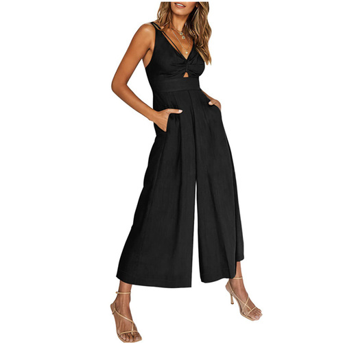 European and American Summer Strappy V-Neck Hollowed-Out Pleated High-Waisted Wide-Leg Jumpsuit with Pockets for Women