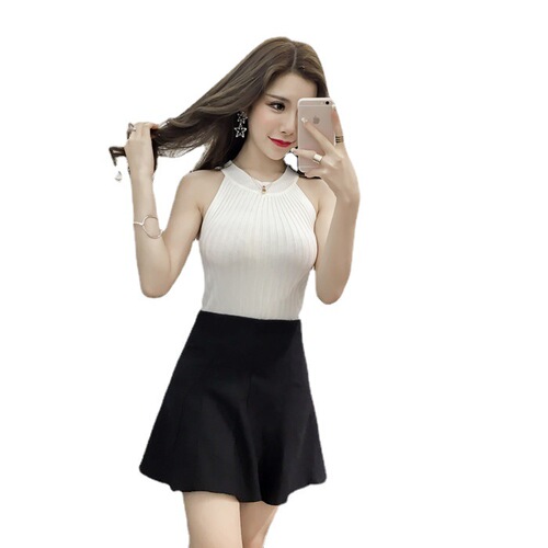 2024 new summer Korean style sexy thin vertical pattern knitted halterneck slim slim off-shoulder sleeveless vest for women