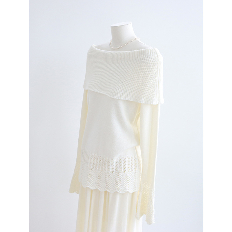 Hollowed hem romantic off-shoulder knit sweater with bell sleeves, pullover sweater for autumn and winter, 26 autumn/winter new casual top