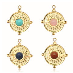 法式復古圓形橢圓半寶石鈦鋼diy飾品配件太陽紅玉松石不鏽鋼吊墜