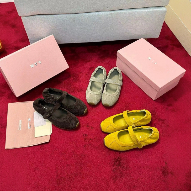 High Version 2025 Spring New Miu Mary Jane Shoes Women's Genuine Leather Flats Round Toe Shallow Mouth Suede Ballet Shoes