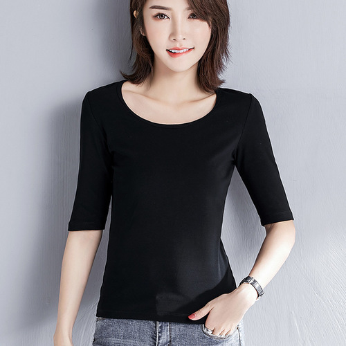 Black round neck short-sleeve t-shirt for women, five-finger sleeve, new summer model, slimming top, seven-finger base shirt top
