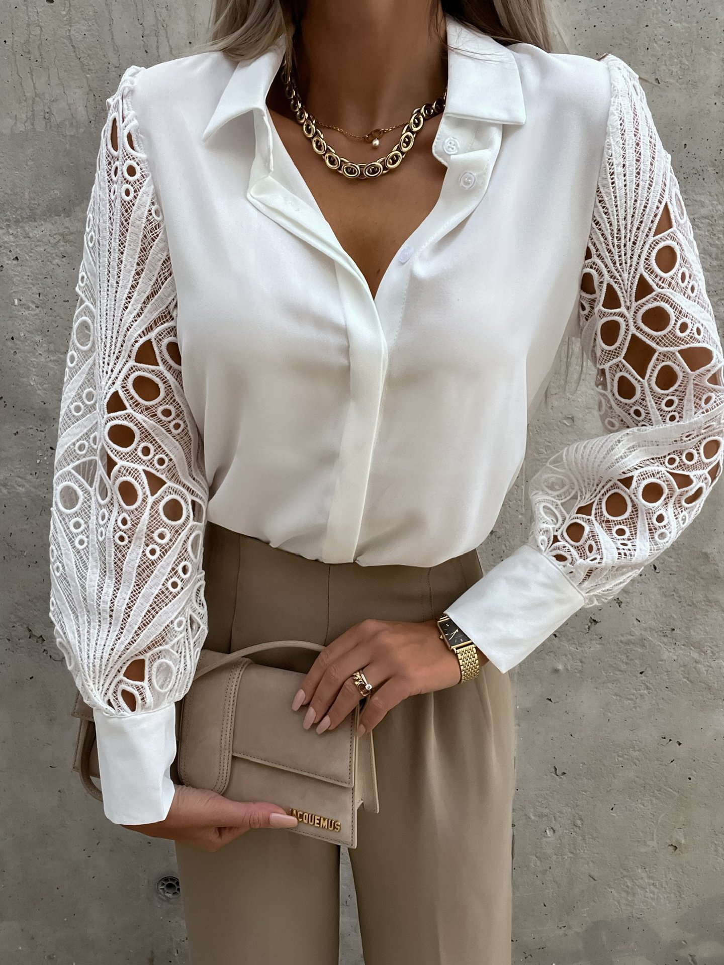 Frau Bluse Lange Ärmel Blusen Aushöhlen Elegant Einfarbig display picture 5