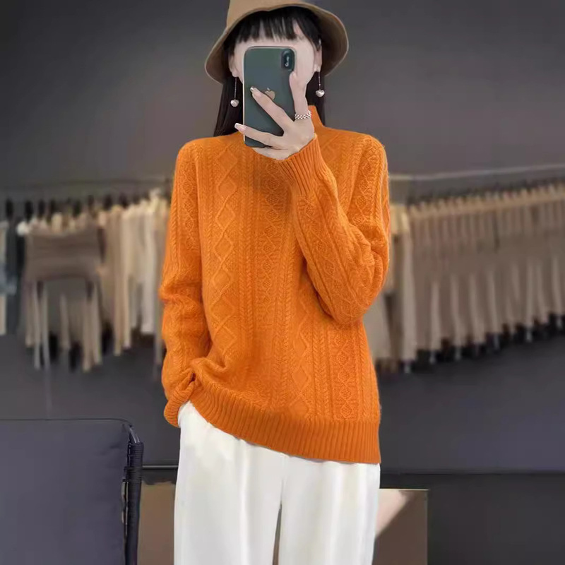 24 autumn and winter new twist half high collar knitted pullover base sweater women's loose hundred towers foreign style top sweater