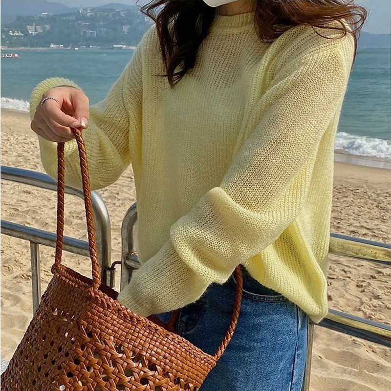 2025春季新款女装 慵懒宽松长袖毛衣 圆领套头透视防晒衣针织衫女