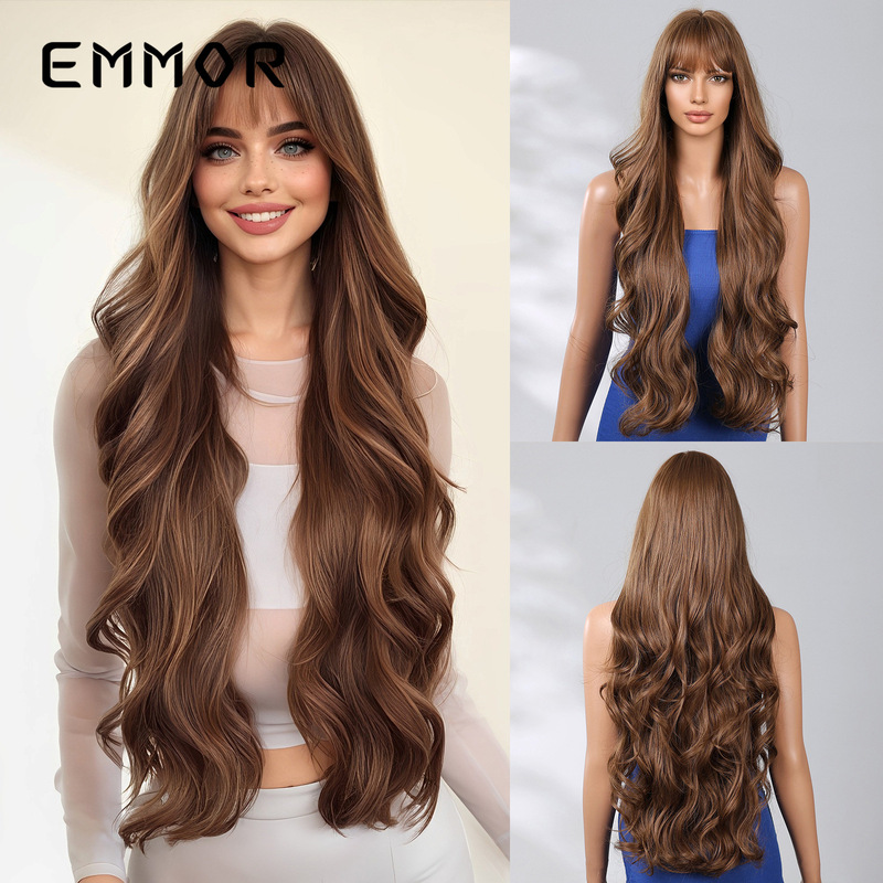 Europe and the United States cross-border new ladies neat bangs dark brown big wave fashion long curly wig full hair wigs