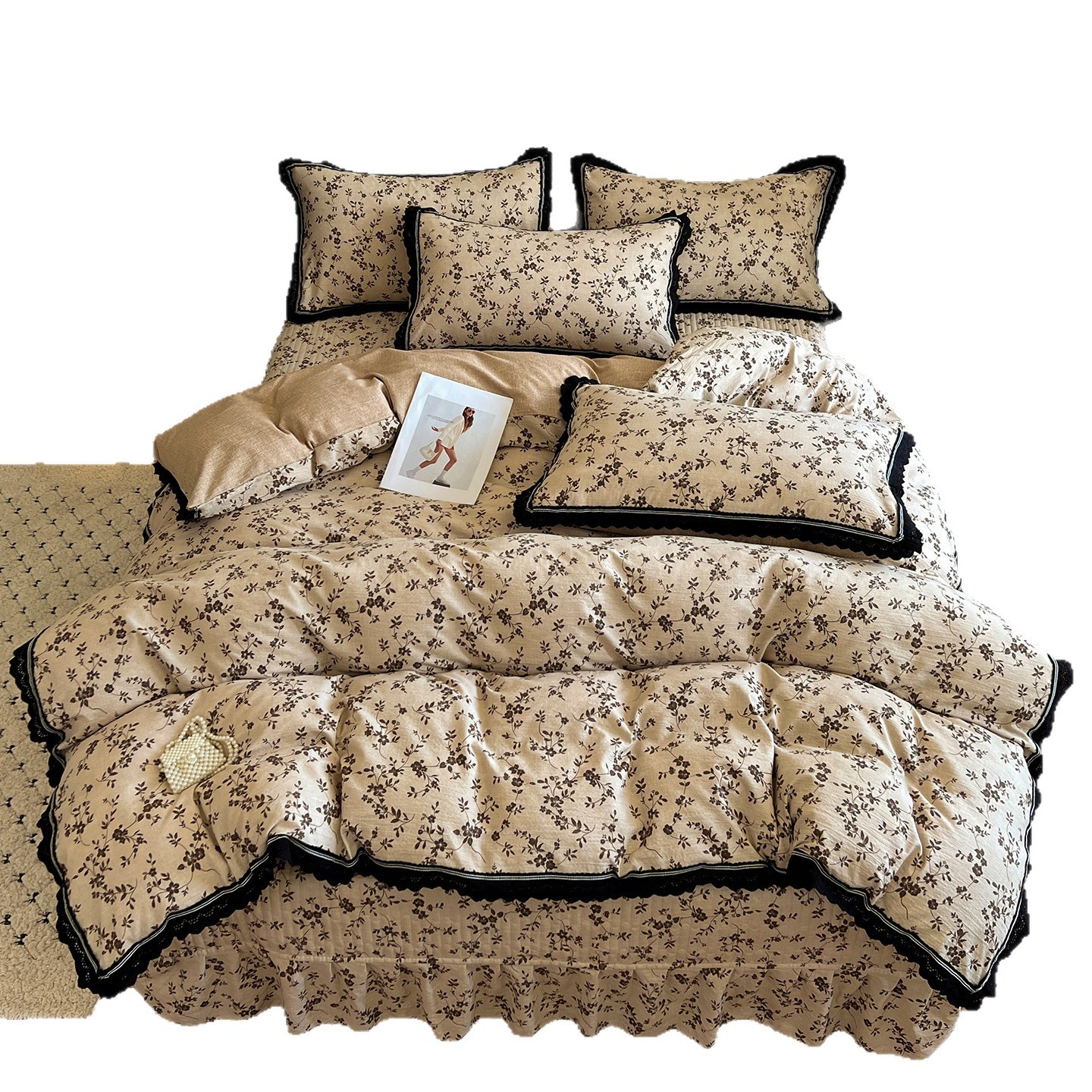 Conjunto de cama de quatro peças em algodão, modelo 2026, com estampa vintage nórdica francesa boho._voghion.com