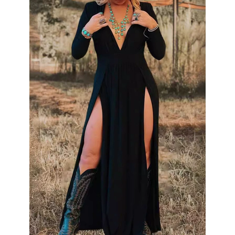 2025 весна-лето Независимая станция трансграничная весна-лето воротник с длинными рукавами сплошной цвет с полыми вилками платье длинное платье