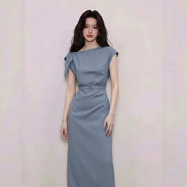 H26066法式风蓝色系带无袖连衣裙女收腰直筒长裙绝美不撞款2026夏