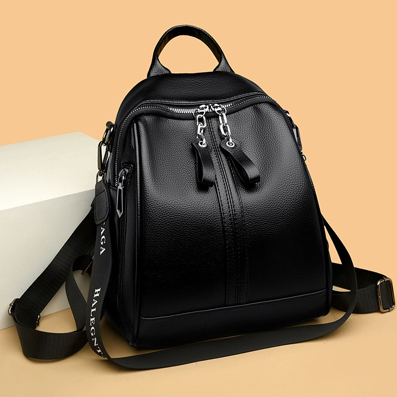 Black backpack, universal shoulder bag, school bag for traveling, genuine leather, 2023
