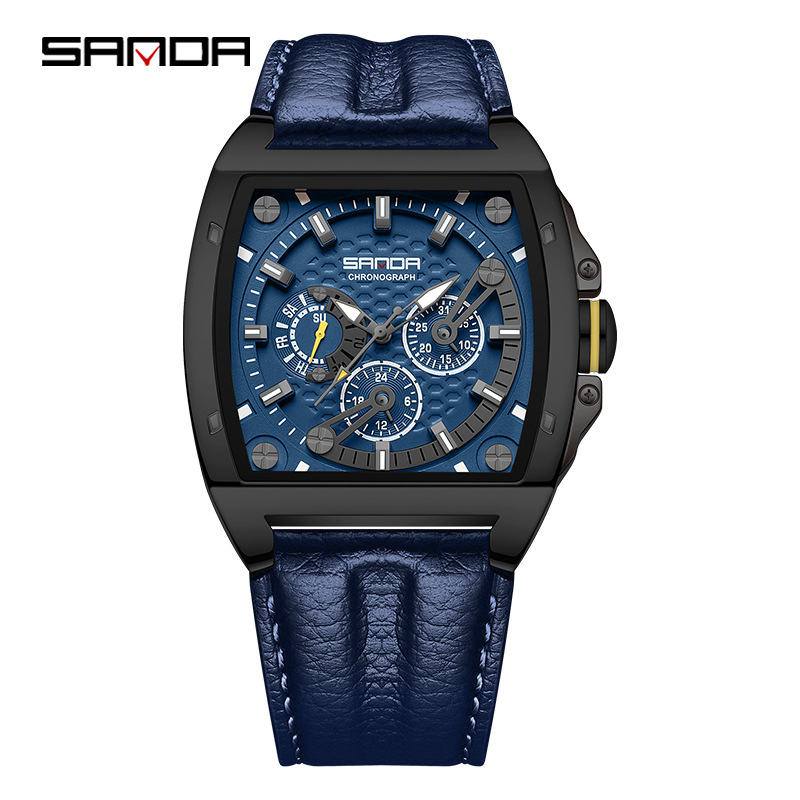 SANDA hombres barril reloj de cuarzo multifunción calendario semana 24 horas Correa reloj