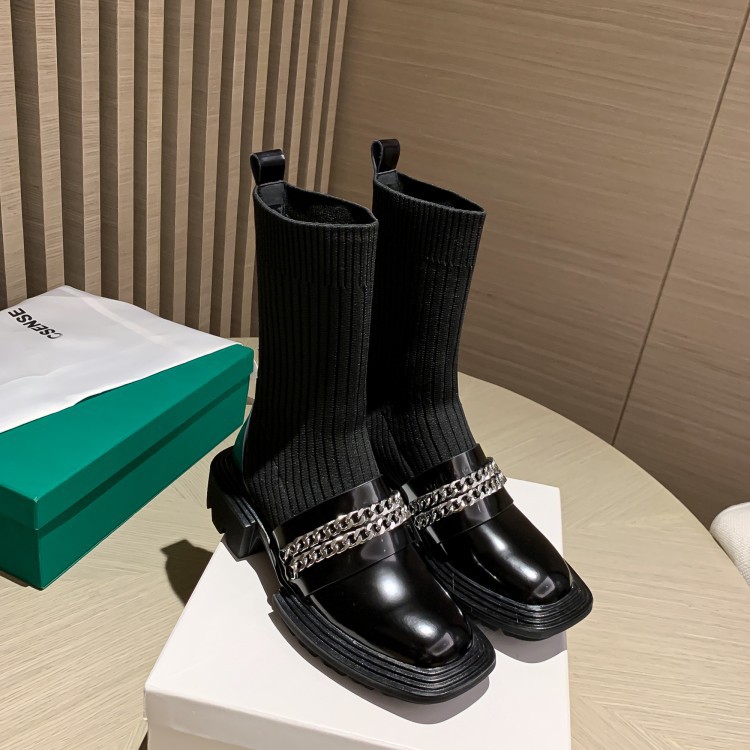 街拍高轉化英倫風方頭鏈條粗跟開邊珠牛漆皮彈力靴女針織顯瘦女靴