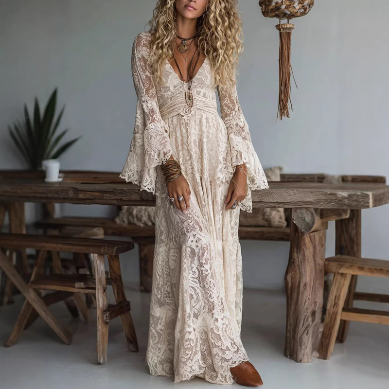 2026 European Size Cross-Border Elegant V-Neck Dress High-Waisted Lace Long Dress Long-Sleeve Dress Beach Shirt Factory Direct
