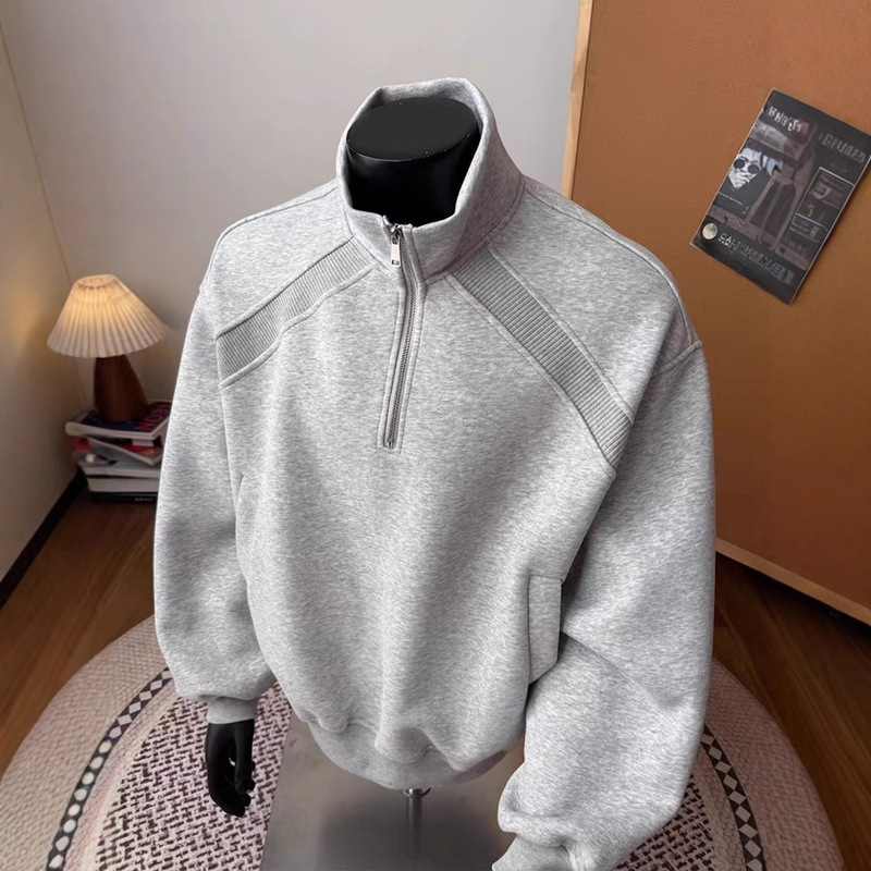 Gray Threaded Stitching Half-Zip Sweatshirt Men's Spring & Fall Cleanfit American Retro Heavy Weight Stand-Up Collar Sports Jacket