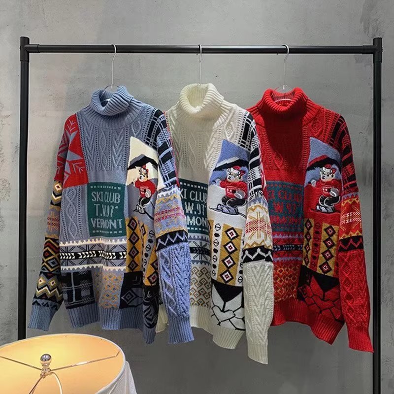 Red New Year sweater for boys loose Christmas couple wear winter trendy retro lazy style sweater for lovers Red New Year sweater for boys loose Christmas couple wear winter trendy retro lazy style sweater for lovers