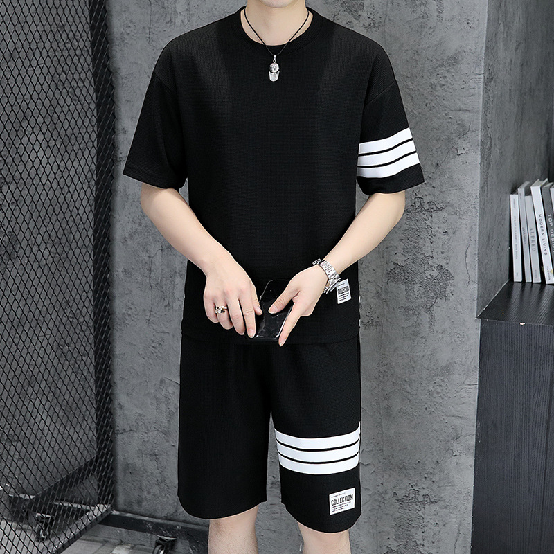 Waffle traje de camiseta de manga corta para hombre 2024 verano de tres barras pantalones cortos casuales de manga corta de dos piezas al por mayor