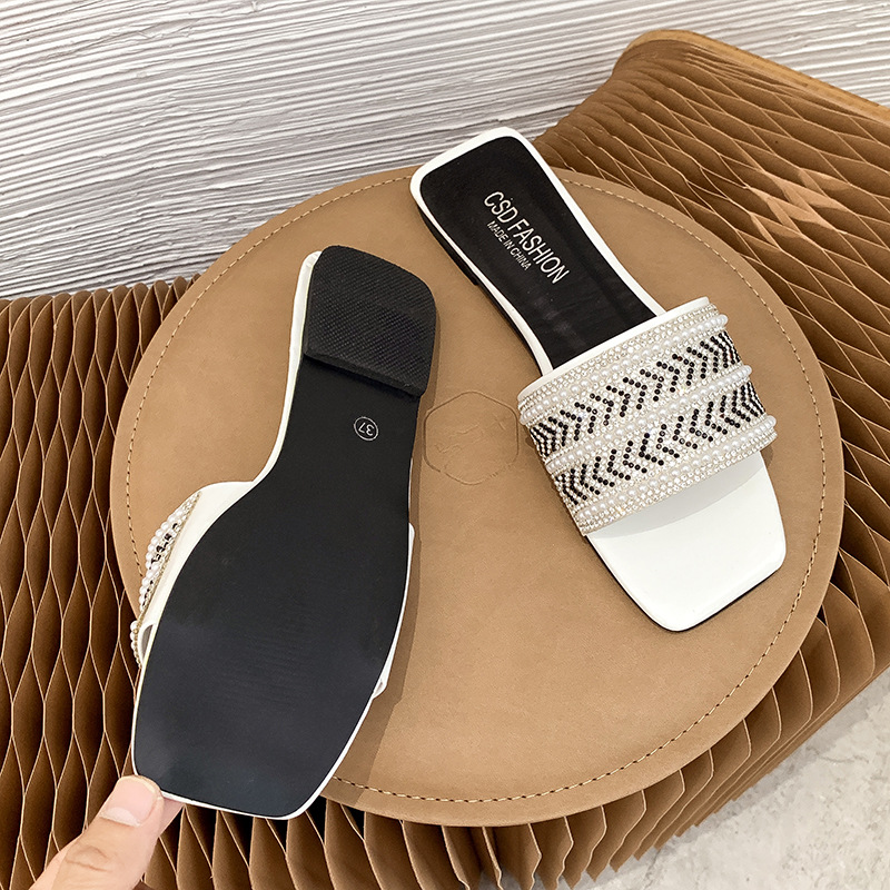 Printemps et été vêtements d'extérieur en forme unique strass grande taille sandales 41-42 dames pantoufles_voghion.com