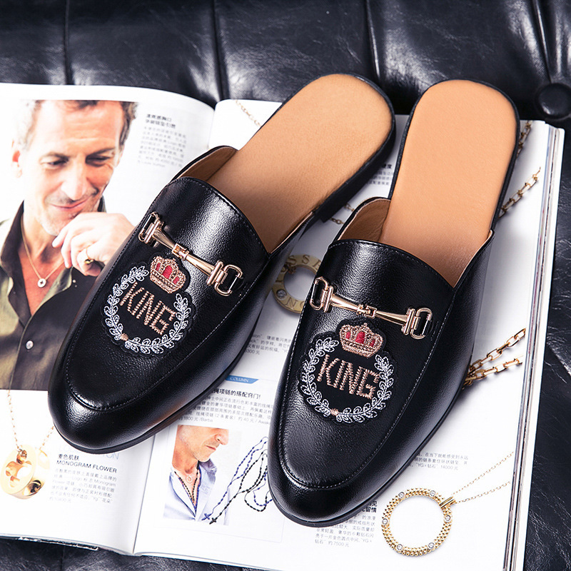 2021 Spring/Summer New Loafers Shiny Leather Half Slippers Trendy Breathable Casual Men's Shoes Fashion Embroidery_vogvips.com