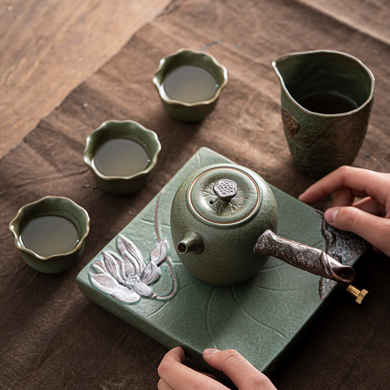 Creativo japonés Kung Fu té juego traje hogar cerámica té taza tetera gres simple viaje portátil una olla tres tazas