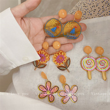 韩国复古几何花朵耳环 韩版彩色亚克力板材耳环 少女风糖果花耳环