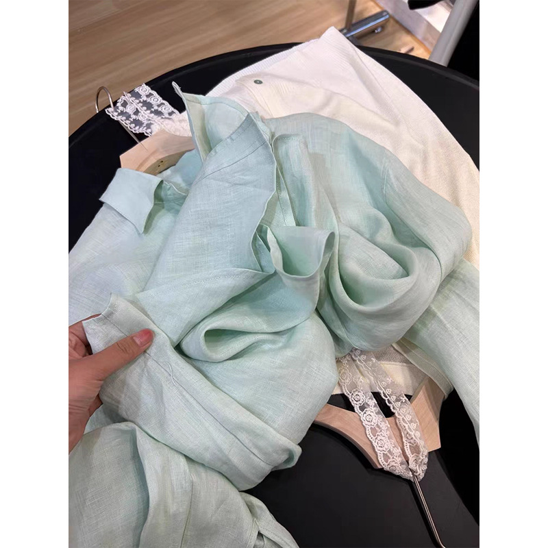 Áo sơ mi nữ linen mỏng thoáng khí mùa hè chống nắng — bạc hà xanh chi tiết 6