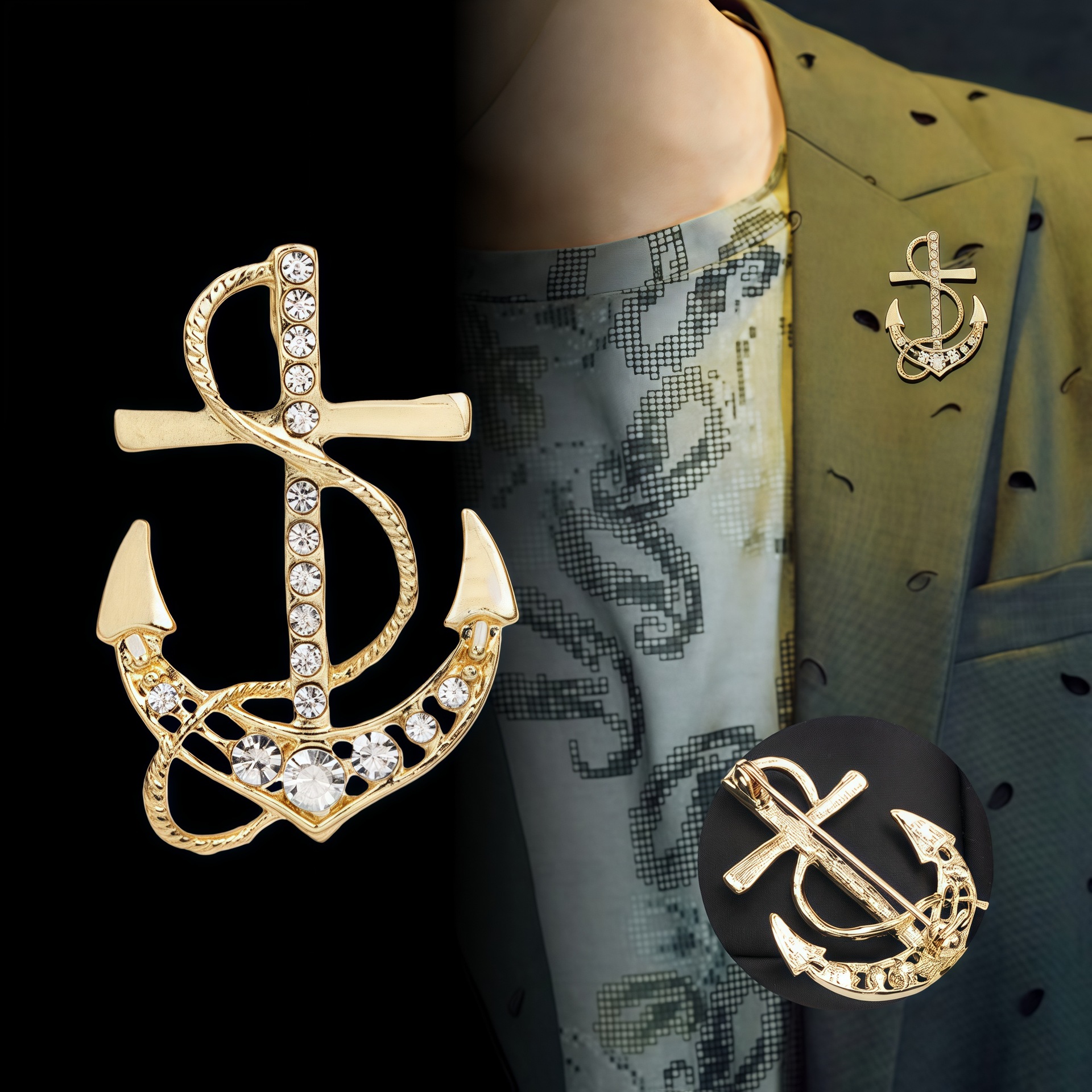 Herenbroche voor stijlvolle laagjes. Vintage-geïnspireerd, maar minimalistisch ontwerp dat een subtiele zelfverzekerdheid en moeiteloze elegantie toevoegt aan elke outfit. Marineblauw._voghion.com