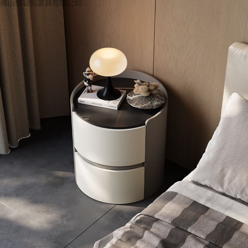 Italian Slate Solid Wood Round Bedside Table Home Bedroom Simple Modern Light Luxury Personalized Creative Bedside Storage Cabinet