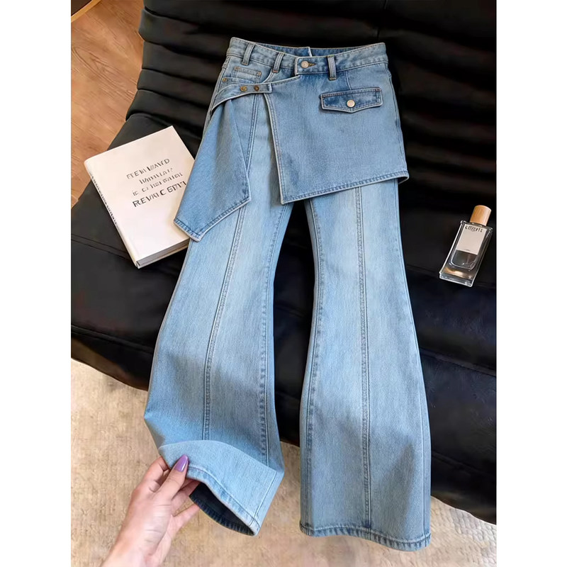 Minimalist style versatile loose asymmetrical faux two-piece denim straight-leg pants, slimming high-waisted washed wide-leg pants for petite individuals Minimalist style versatile loose asymmetrical faux two-piece denim straight-leg pants, slimming high-waisted washed wide-leg pants for petite individuals