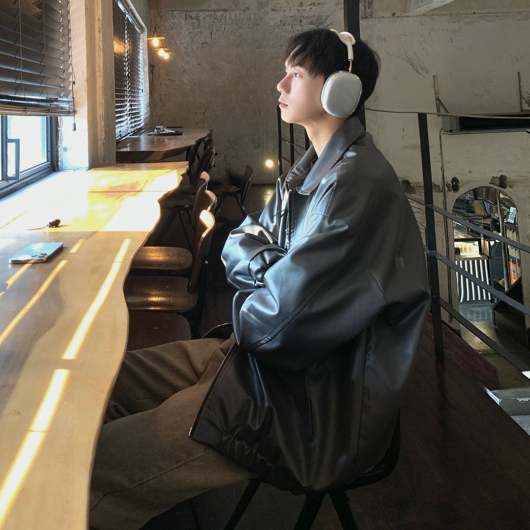 机车皮衣外套男士秋季2023新款美式街头潮牌上衣宽松大码休闲夹克