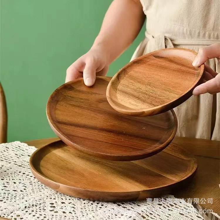 Bandeja redonda de madera de acacia, tamaños grande y pequeño, venta al por mayor, madera maciza para el hogar y hoteles, plato redondo de madera estilo japonés para aperitivos
