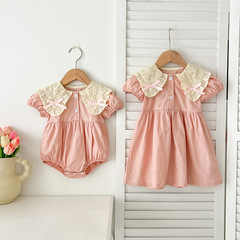 夏季女童連衣裙短袖嬰兒爬服可愛蝴蝶結女寶連衣裙一大一小姐妹裝