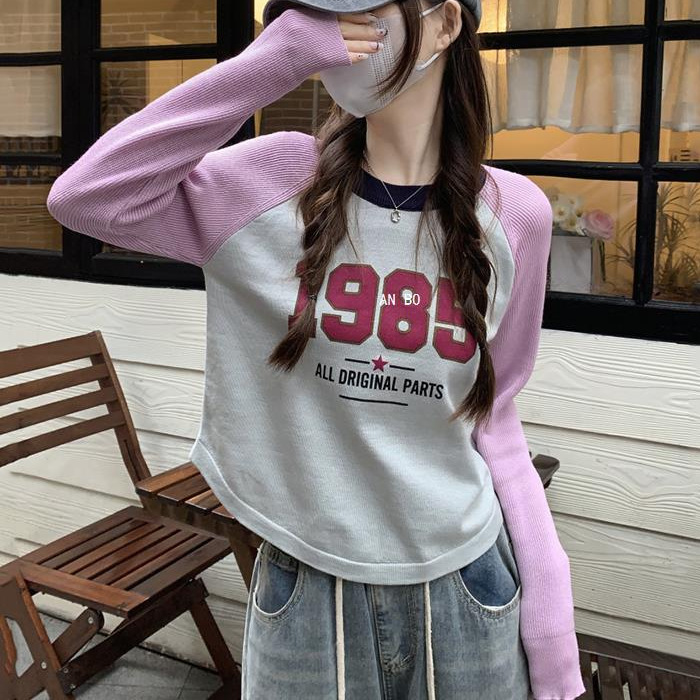 High Waist Short Sweaters Women's 2024 Spring Dopamine American Raglan Sleeves Small Chic Fake Two-piece Long-sleeved Top