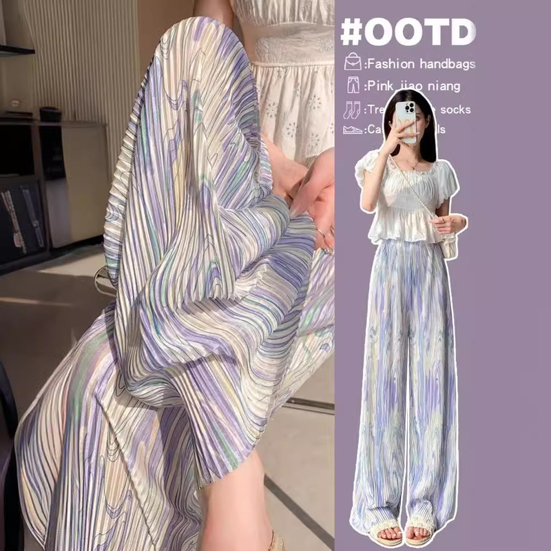 Cross-border Tie-dyed Pleated Wide Leg Pants Women's High Waist Draped Casual Pants Straight Leg Pants Hot Girl Pants Loose Trendy Trendy Pants