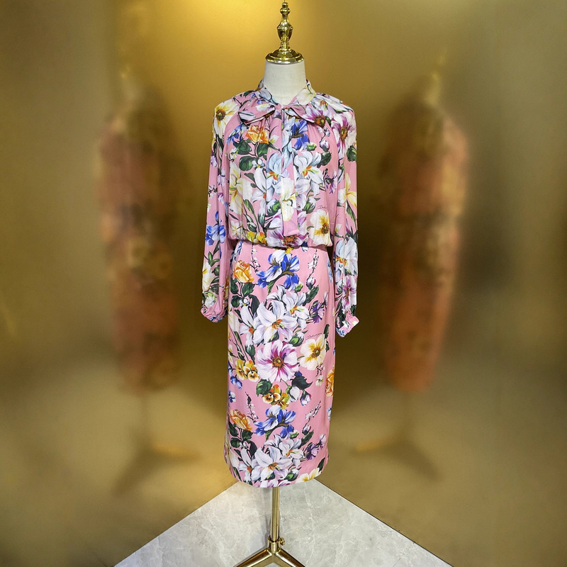 Light Luxury Foundation Lily Chiffon Silk Lace-Up Fashion Top with 19mm Stretch Double Joe Silk Hip-Covering Skirt