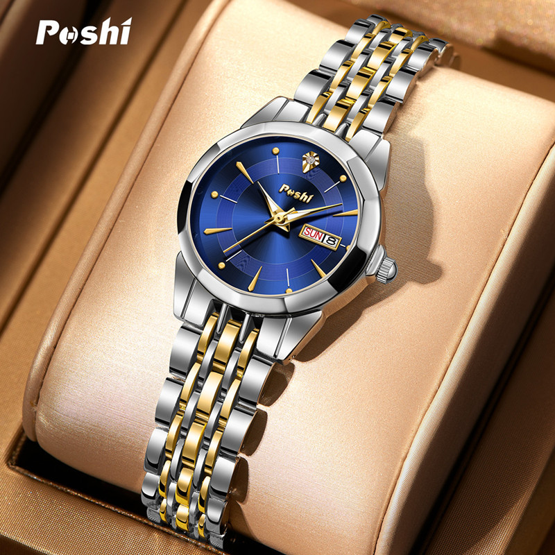 Poshi nueva moda mujer reloj de cuarzo simple casual mujer reloj impermeable doble calendario reloj de mujer moda