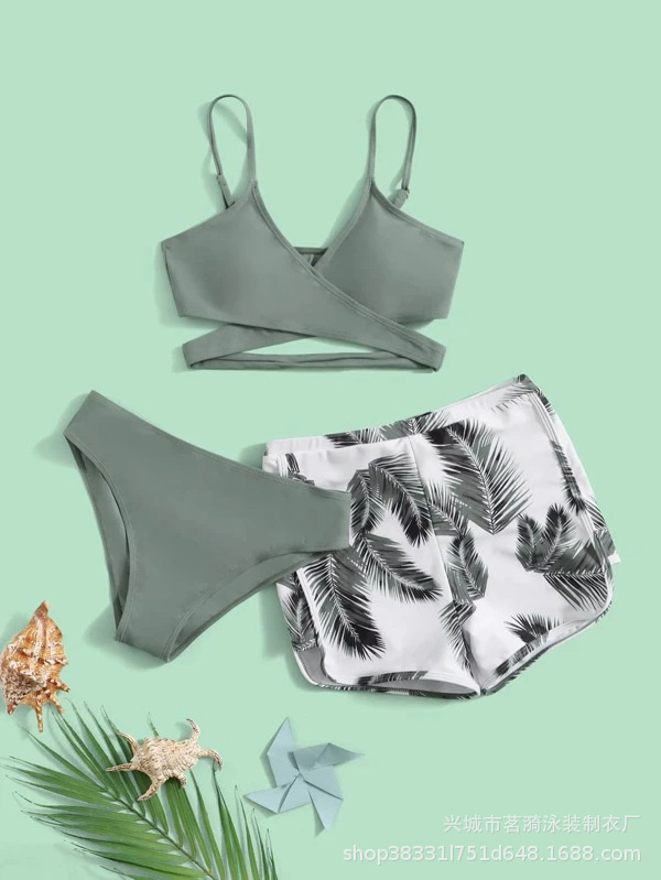 Bikini de moda europea y americana, 3 piezas, multicolor con estampado de plumas dobles, estilo sexy